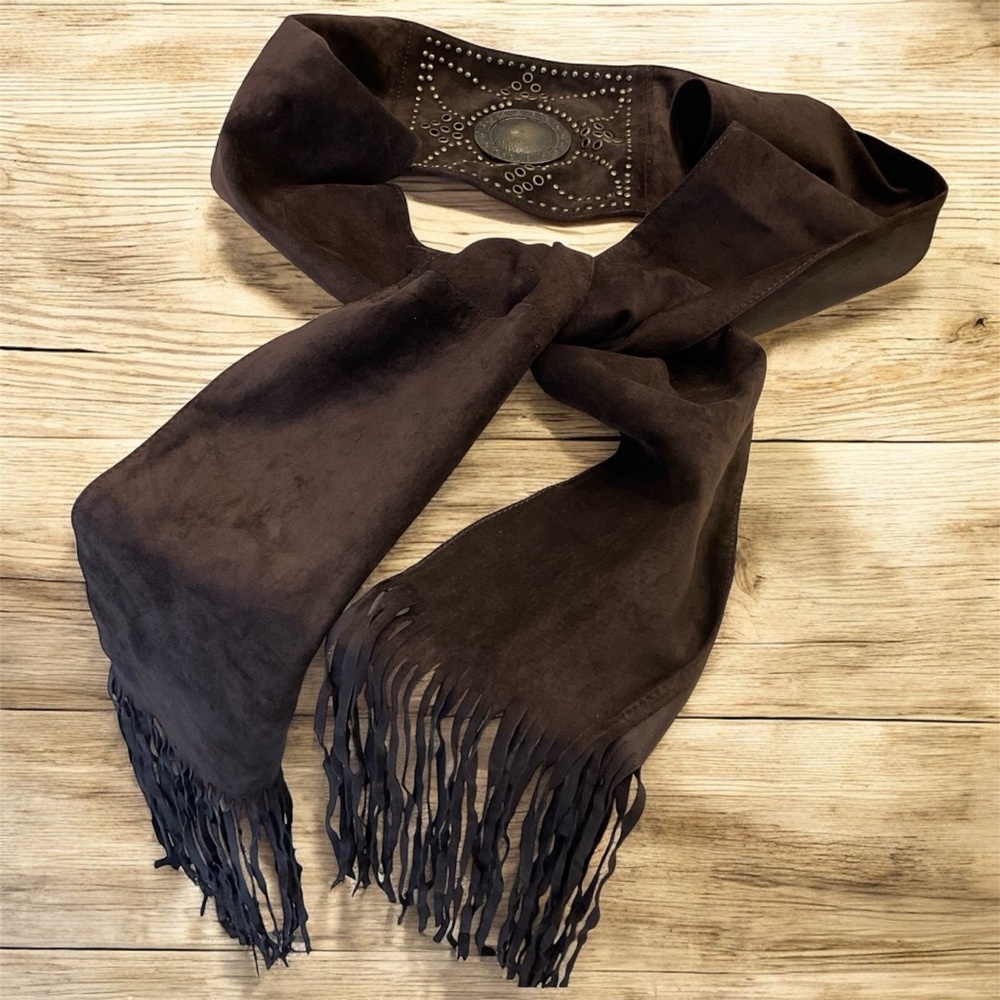 Brown suede tie belt with gold stud work and fringe by (N)ine, Handmade, NWOT